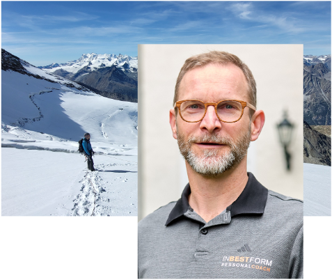 Mathias Wengert Personal Trainer mit Bergsteiger-Motiv im Hintergrund